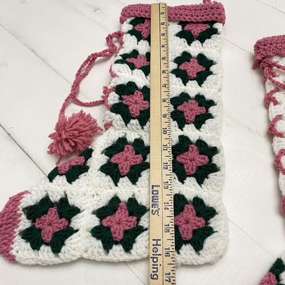 Vtg Handmade Lot of 3 Crochet Granny Square Christmas Stockings Green Pink White - Picture 8 of 11